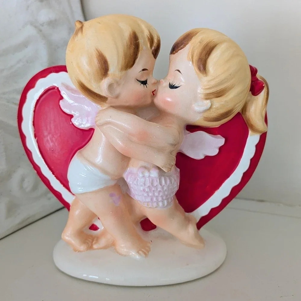 Vintage Lefton‎ Kissing Cherubs Heart Valentine Ceramic Planter Japan 2773